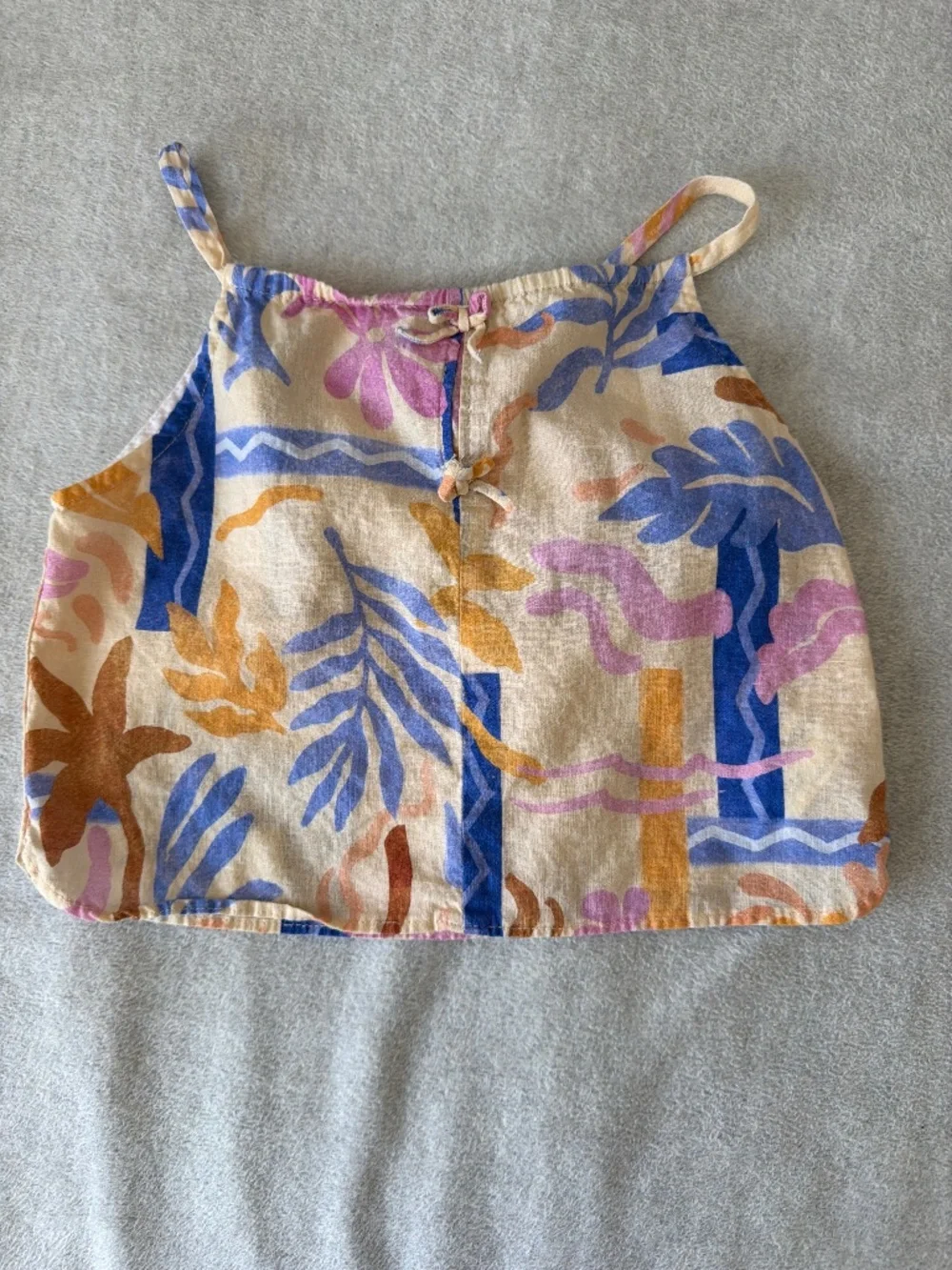 Zara Girls’ Linen Tank Top with Bold Tropical Pattern in Blues, Pink, and Browns
